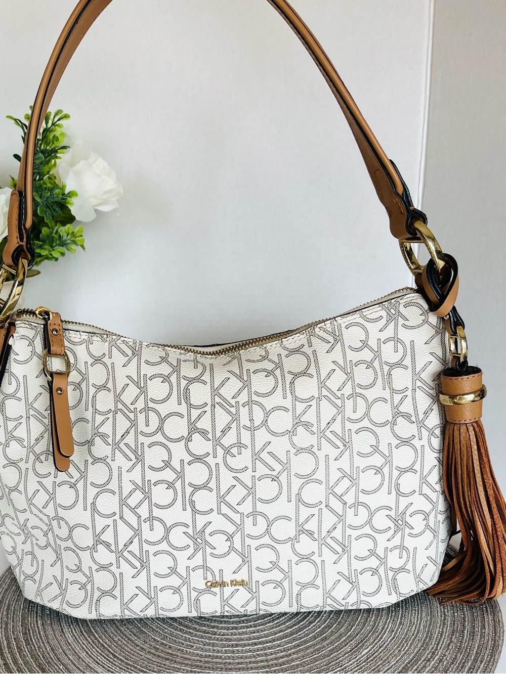 CALVIN KLEIN Shoulder Bag “HOLLY” Monogram Hobo Gold-Tone Tassel 13x11x6”